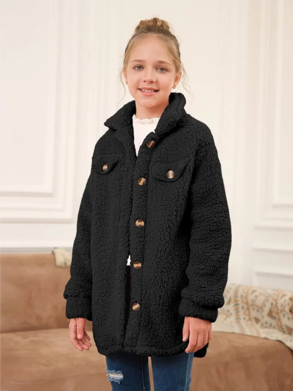 Kids Girl's Black Polyester Casual Button Down Sherpa Faux Fur Fleece Jacket